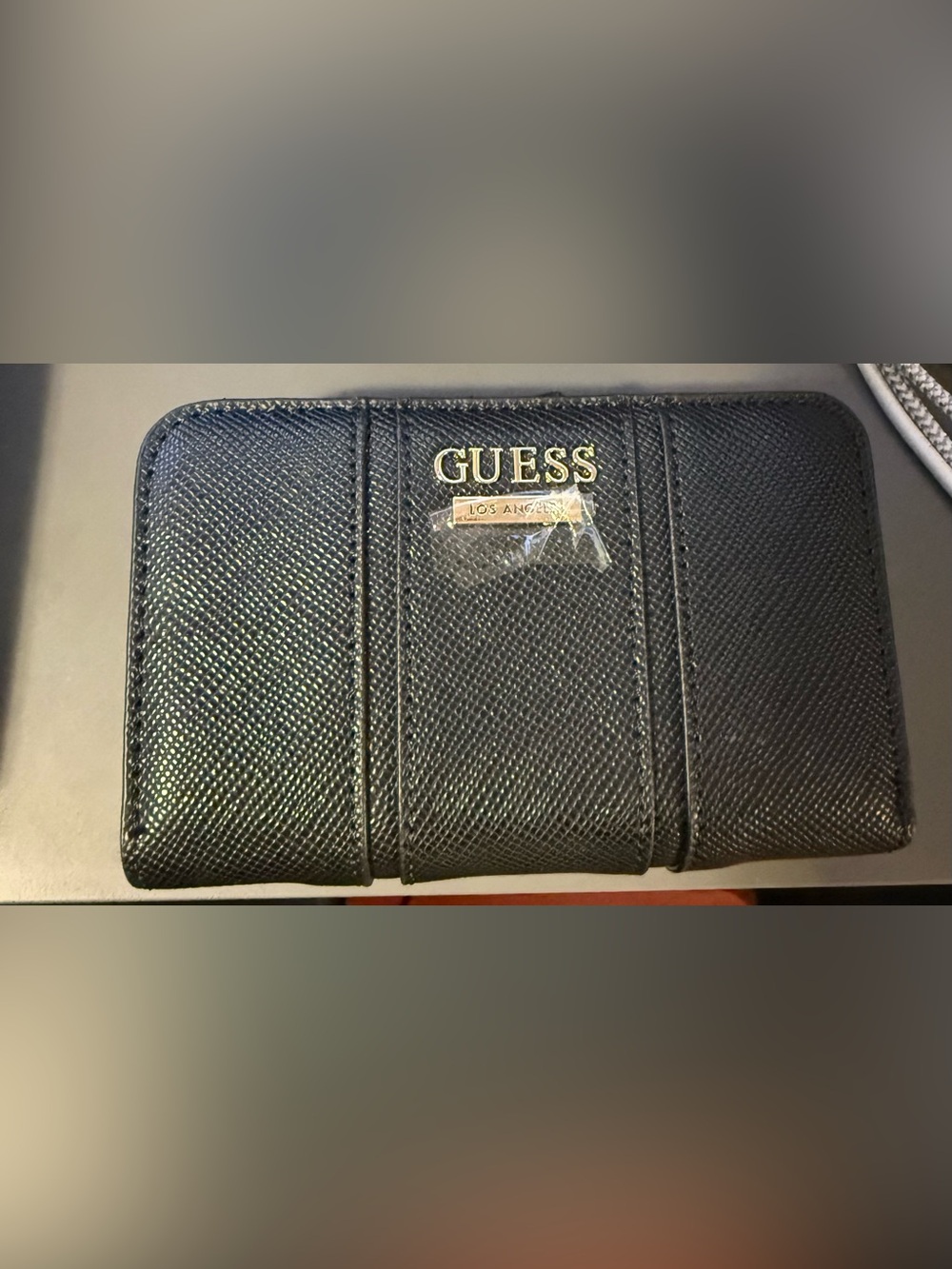 GUESS Black Textured Zip-Around Wallet with Logo Plaque